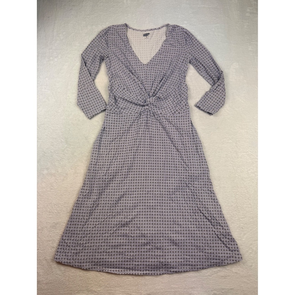 Lands End Womens XS Purple Geometric Twist Front V-Neck Long Sleeve Midi Dress